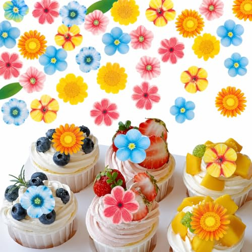 80PCS Edible Flowers Cake Decorations (in Box) - Edible Cake Flowers for Baking, Cupcake & Dessert Toppers Wedding Party Food Decoration Mixed Size & Colour for Anniversary