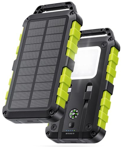 Cargador Solar 10000mAh Carga Rápida PD 22,5W Power Bank Solar Impermeable IPX6 3 Puertos de Salida, Linterna LED 3 Modos, Brújula, 2 Cables Integrados USB-C y Lightning para Exterior y Camping