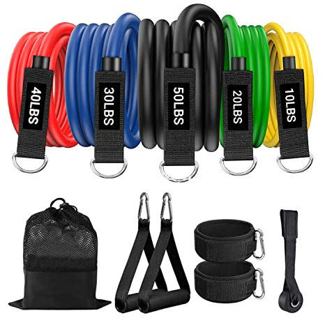 ROMIX Exercise Arm Resistance Bands Set Men Women, 11 Pcs Resistance Tubes Stackable Up To 150 lbs, Fitness Tubes with Foam Handles, Door Anchor and Ankle Straps for Indoor/Outdoor Workout Home Gym