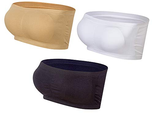 Lemef Women Seamless Bandeau Strapless Bras Stretch Tube Top with Removable Pads, XXL, Black&white&nude