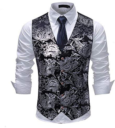 Allthemen Weste Herren Westen Gilet Jacquard Anzugweste für Hochzeit und Party Silber XL