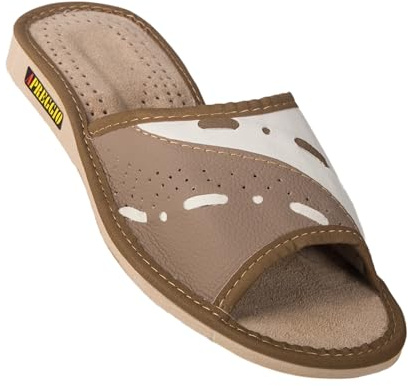 APREGGIO - Zapatillas de Estar por Casa para Mujer en Piel Lisa - Pantuflas Puntera Abierta - Sin Cordones - Hechas a Mano - Suela de cuña Ligera - Marrón - Talla 36 EU