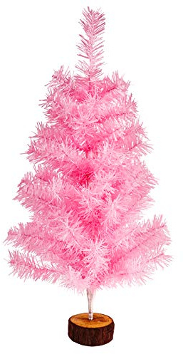 FINGOOO 2ft/60cm Artificial Christmas Tree with Wood Base, Tabletop DIY Xmas Home Indoor Decorations and Gift, Pink