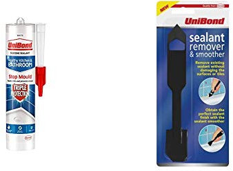 UniBond Triple Protection Stop Mould Sealant - 1x291g Cartridge & Smoother Tool - 2-in-1 Plastic Sealant Tool for Smoothing, Black