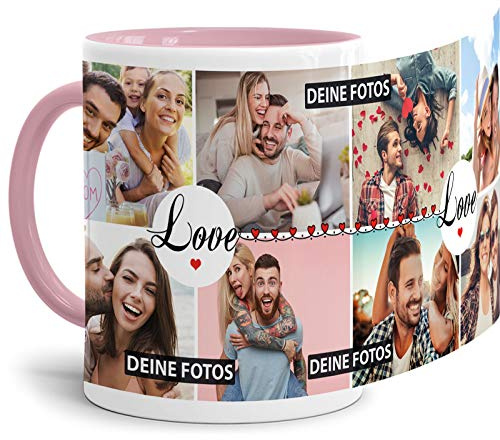 Tasse mit Spruch LOVE zum SELBSTGESTALTEN mit FOTO-COLLAGE für 8 WUNSCHFOTOS - Fototasse personalisiert - Persönliche Geschenkidee für Freunde und Familie - Innen & Henkel Rosa