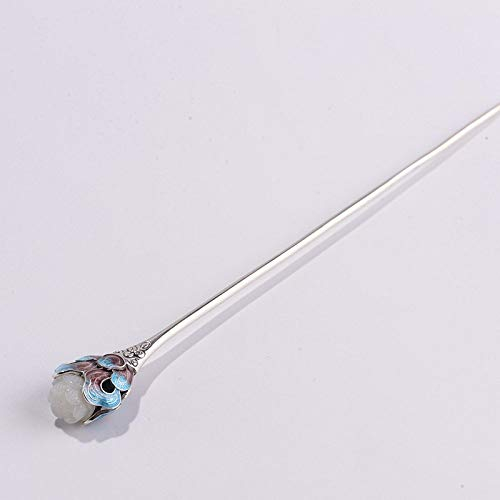 Haar Stäbchen,S925 Sterling Silber Hair Stick Haarnadel Retro Chinesisch Traditionell Klassische Essstäbchen Gabeln Kreativ Gebrannt Blau Hetian Jade Blume Charme Schmuck Haarschmuck Für Frauen L