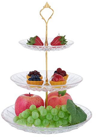 Relaxdays Alzata per Dolci a 3 Piani, in Vetro e Ferro, HxD 33x25 cm, Alzatina per Muffin, Piatti Tondi, Trasparente Oro