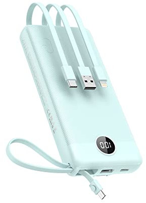VEEKTOMX Power Bank with Built-in Cables, 20000mAh USB C Portable Charger with 5 Outputs & 2 Inputs and LED Display, External Battery Bank for iPhone/iPad/Samsung S22/21/20 and More, Blue