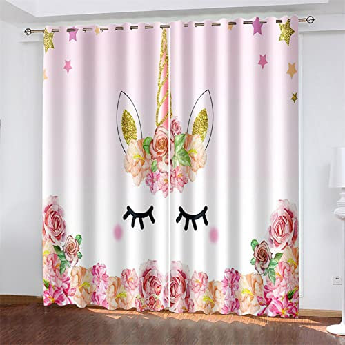 MTBDyyds Verdunkelungsvorhänge 3D Drucken 140X100Cm Bunt Blumig Einhorn Verdunklungsvorhänge Kinderzimmer 2 Stück Vorhang Blickdicht Ösenschal Kindergardinen Junge Verdunklungsgardine