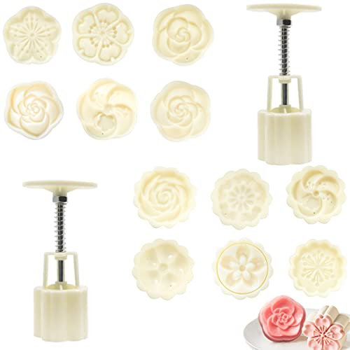 2 Sets Mondkuchen Form 50g, Keksstempel Set, Mondkuchenformen mit 12 Cookie Stempeln, Kirschblüten, 6 Unterschiedliches Muster, Mondkuchenformpresse für Kuchen Keks Fondant Dessert Mooncake Form