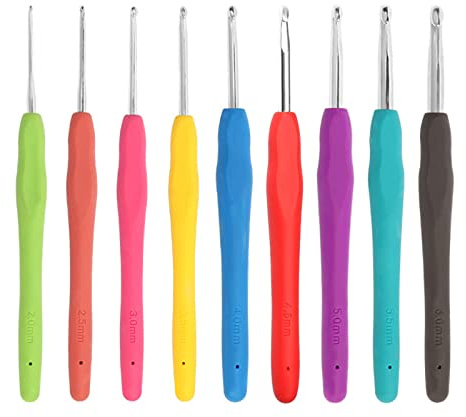 iJiGui Set of 9 Crochet Hooks in Different Sizes, Crochet Hooks, Multicolored Aluminum Crochet Needles, 2mm ~ 6mm, Ergonomic Knitting Needles Soft Non-Slip Rubber Grips