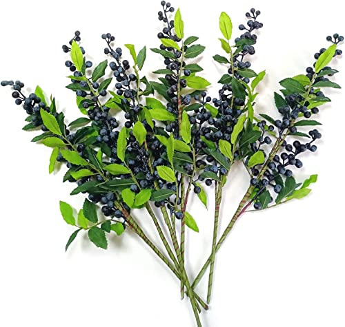 OrgMemory Künstliche Beeren, Blaue Beeren, 6 Stück, je43 cm, Künstliche Beerenstiele, Stiele für Weihnachtsbaum Kranz, Dekorationen, Heimdekoration(Blau mit Blättern)