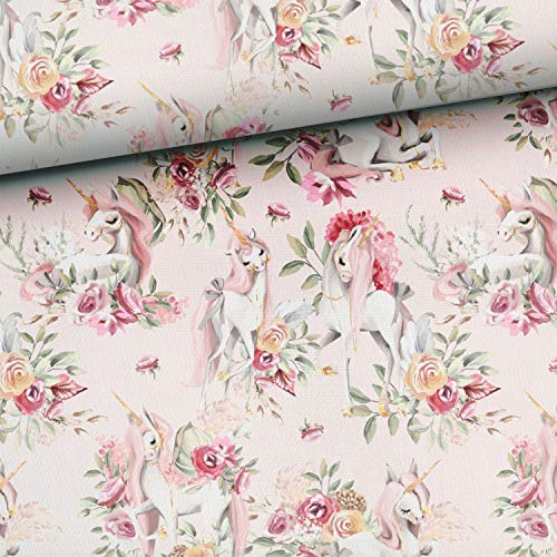 50x150cm Einhorn Stoff aus 100% Baumwolle – Mädchen Kinderstoffe - Stoffe zum Nähen für Kinder & Baby - Premium Baumwollstoff mit Einhörner und Blumen - puderrosa pink gold grün - keine Meterware