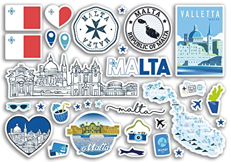 A5 Sticker Sheet Malta Blue Landmarks Vinyl Stickers - Maltese Map Airport Stamp Skyline Flag Travel Holiday City Country Aesthetic #80353