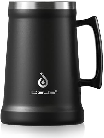 Ideus Insulated Beer Stein, 24/32oz Stainless Steel Double Walled Beer Mug Giant Bar Drinkware Metal Beer Cup with Big Grip Handle (Black, 34oz (1,000ml))