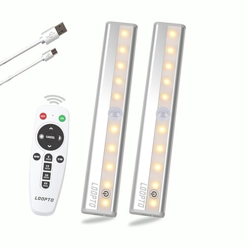LDOPTO Under Cabinet Lights with Remote, Magnetic Rechargeable Under Counter Closet Lights, Wireless Night Light Bar Stick-On, for Kitchen Wardrobe Cupboard Stairs Bedroom, 2-Pack, Warm White