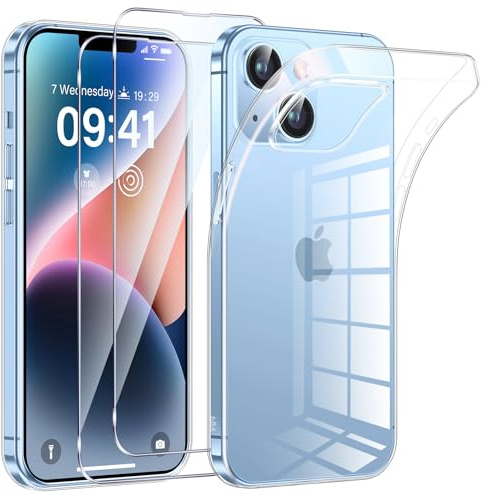 Phoona Cover per iPhone 14 Custodia con 2 Pezzi Pellicola Vetro Temperato,Ultra Sottile Trasparente Silicone Protettiva Case per iPhone 14 Sottile Morbida Antiurto Cover
