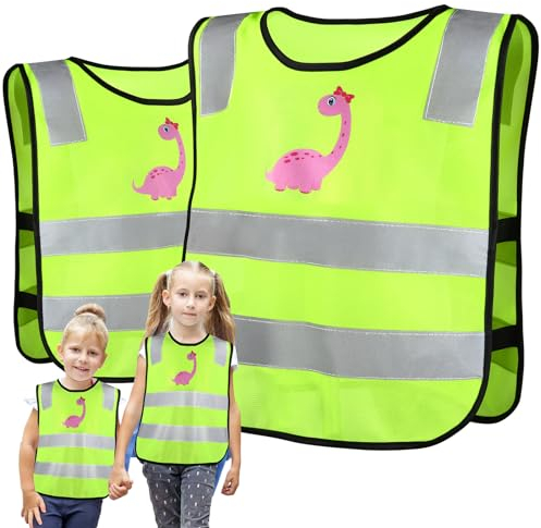 2 Stück Warnweste Kinder,Sicherheitsweste Kinder,Atmungsaktiv Und Universal Größe,Leichte Warnweste Kinder Reflektorweste,Ideal für Schulen,Sport und die Sicherheit von Mädchen-Rosa Dinosaurier