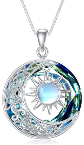 REDSUN Mond und Sonne Halskette 925 Sterling Silber Keltische Halskette Mond und Sonne Anhänger mit Kristall Mondstein Mond und Sonne Schmuck Geschenk für Frauen Mädchen