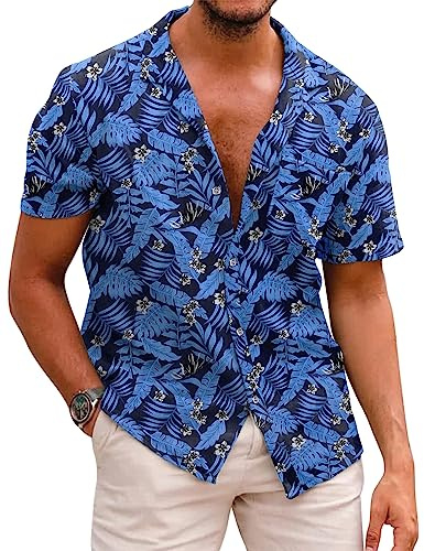 COOFANDY Hawaii-skjorta för män, kortärmad skjorta, sommarskjorta, fritid, blommor, skjorta, semester, strandskjorta, skrynkelfri, knäppning, skjortor, normal passform, A-kungsblå, XXL