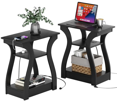 FROMJBEST Black End Table Set of 2 with Charging Station, Side Table with USB Ports and Outlets, Black Nightstand, 3 Tier End Table with Storage Shelf for Living Room, Bedroom