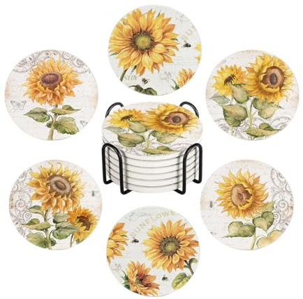 Ansouyi Drink Coasters for Drinks Set of 6, Vintage Sunflowers and Herbs Absorbent Round Ceramic Stone Mat, with Cork Base and Metal Holder, Home Bar Decor House Warming Gift