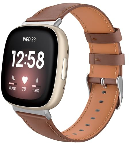 TiMOVO Leder Armband Kompatibel mit Fitbit Versa 4/3, Sense 2/Sense Uhrenarmband, Genarbtes Echtes Klassisches Leder Ersatzarmband für Damen und Herren, Braun