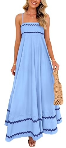 PRETTYGARDEN Women's 2025 Summer Flowy Maxi Dress Casual Sleeveless Spaghetti Strap Ruffle Beach Long Dresses (Light Blue,Medium)