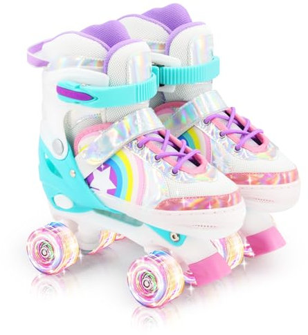 TENBOOM Rollerskates Kinder Verstellbar Rollschuhe für Kinder komfortable mit Leuchtenden Rädern für Mädchen und Jungen Rainbow