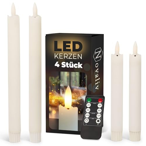 Sparset Stabkerzen LED mit Timer Klein+Groß WEISS 4 Stück WEISS indoor - 6 Stunden - ECHTWACHS 18cm+23cm Höhe für Kerzen 2,2cm Durchmesser 2 AAA Batterien notwendig LED Stabkerzen flackernde Flamme