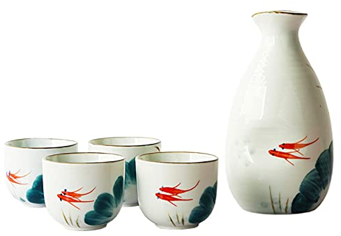, Tasses Saki, Tasses artisanales en céramique, Ensemble de tasses à saké japonais traditionnel, Peint à la main, Tasses en céramique, Verres à vin faits à la main, Ensemble de 5, Poisson rouge