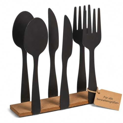 MIJOMA Schwarzer Serviettenhalter aus Metall im Besteck-Design mit Holzboden 16,5x4x16,5 cm - Dekorativer Serviettenspender für Küche, Esstisch und Bar - Für alle Serviettengrößen geeignet