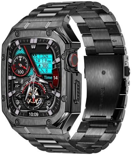 Deczone Metallarmband mit Gehäuse Kompatibel mit Apple Watch Ultra 49mm | Stoßfestes Edelstahlgehäuse und Metall Ersatzband für Ultra 3/2/1 49mm Edelstahl iWatch Bands Männer (Schwarz)