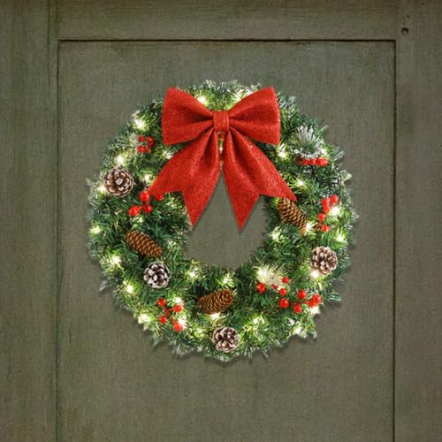 JOYWU Christmas Wreath with LED Lights,40cm Artificial Xmas Wreath with Pine Cones,Red Bows and Berries,Battery Powered Lighted Xmas Door Wreath,Christmas Decoration for Fireplace Wall(40cm-Bow)