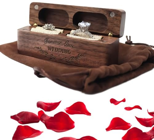 Wjelet Ringbox Holz, Quadratische Hochzeit Ringschachtel mit Doppeltem Schlitz, ring schatulle für Eheringe, Massive Walnuss Retro Ringe Aufbewahrung, verlobungsring box für Hochzeit, Zeremonie