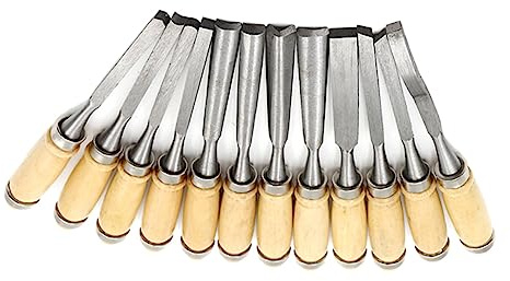 Set di 12 Scalpelli Manico in Legno per Intaglio del Legno | Utensili Portatili per Lavorazione Legno, Struttura Legno e Metallo, Custodia Inclusa, per Intagliatori Principianti