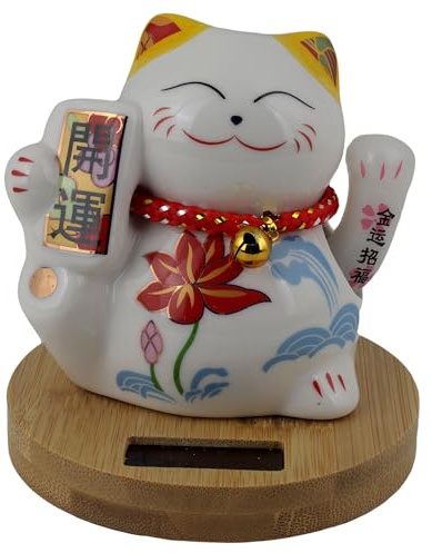 Freak Scene Glückskatze Keramik 10cm weiß Bambussockel Solar Maneki-Neko Winkekatze Lucky cat Modell 03
