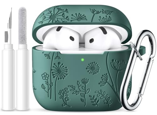 Ouwegaga Flower Engraved Case Compatible for AirPods 4 Case 2024, Shockproof Silicone Protective Cover Compatible with Apple AirPods 4th Generation, LED Visible, With Carabiner&Cleaner Kit-Pinegreen