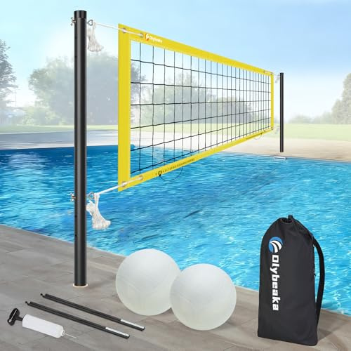 Olybeaka Längen- und höhenverstellbares Pool-Volleyballnetz-Set mit 2 Wasservolleybällen und Tragetasche, einfacher Aufbau ohne Boden und langlebig