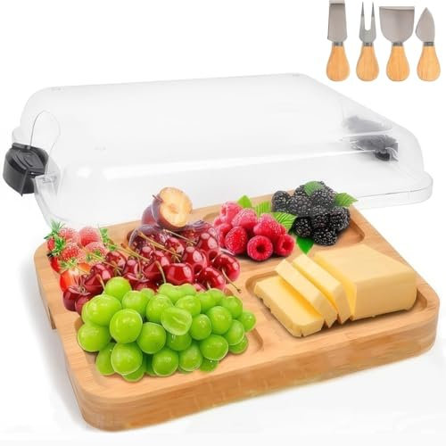 ERNAN Plateau à Fromage en Bambou, Set de Couteaux,Plateau de Service Durable en Bambou pour Les fêtes, Choix Parfait pour Gourmets,Cadeau pour Crémaillère et Noel (4-Compartment)