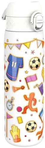 Ion8 Vacuum Insulated Steel Water Bottle, 500 ml/17 oz, Leak Proof, Easy to Open, Secure Lock, Dishwasher Safe, Fits Cup Holders, Carry Handle, Scratch Resistant, Metal Water Bottle, Football