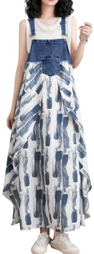 chouyatou Women's Sleeveless Denim Chiffon Splicing Ruffle Overall Dress Loose Maxi Bib Jumper Dress (Small,Blue)
