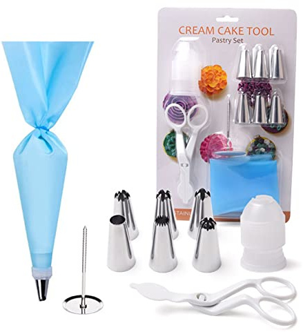 Lot de 10 accessoires de décoration de gâteaux et cupcakes comprenant des douilles à glaçage, des poches à pâtisserie, des ciseaux, un coupleur de fleurs