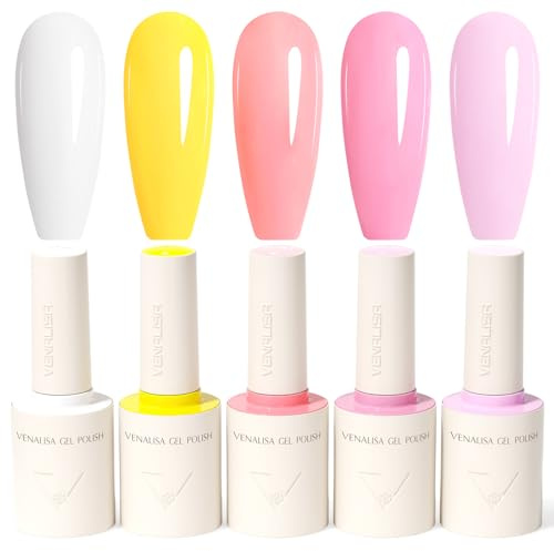 VENALISA 10 ML Gel Nail Polish Set with DIY Nail tips Kit, 5 Pcs White Yellow Pink Light Purple Gel Polish Color High Gloss Soak Off U V Nail Manicure Salon DIY
