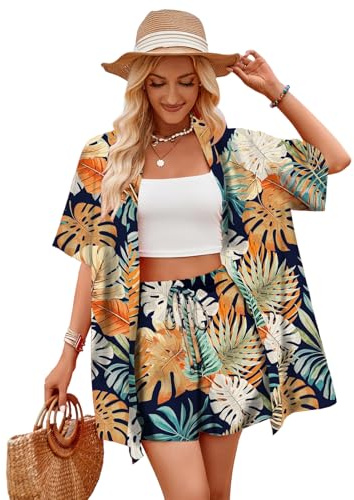 SERTAS Hawaii Hemd Damen Hawaii Shirts Shorts Soft Cool Tropic Print sommer outfits damen (Standard, Gelb-braun, M)