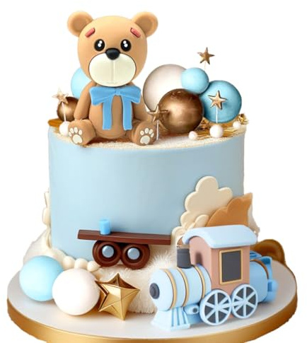 LaVenty Blau Teddybär Tortendeko Taufe Junge Tortendekoration Mädchen 1 Jahr Blau Kuchendeko Teddybär Kuchen Dekoration für Hochzeit Babyshower Geburtstag Party
