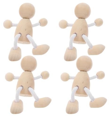 Holzfiguren, 4 Stück Biegepuppen aus Naturholz Holzfiguren zum Bemalen für Kinder DIY-Set für Tischdekoration & Bastelprojekte