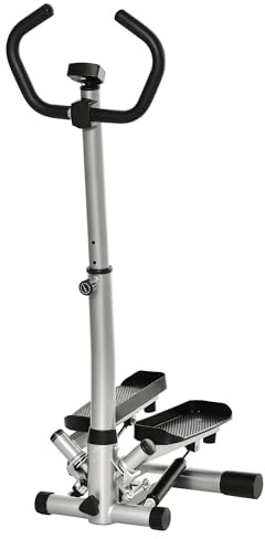HOMCOM Stepper con Monitor LCD, Manubri Regolabili, Fitness Stepper in Acciaio e ABS, 55x53x118-128 cm, Nero e Argento