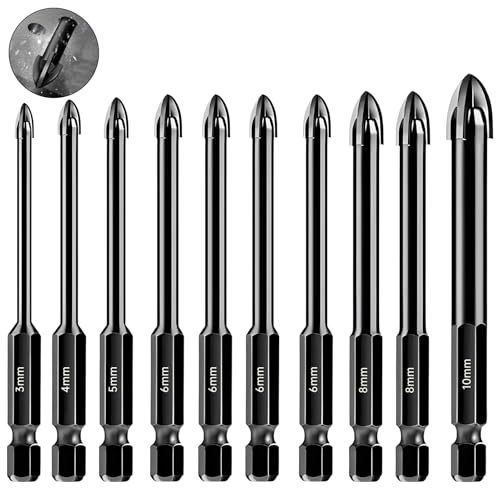 10Pcs Masonry Drill Bits 3/4/5/6/8/10mm Glass and Tile Drill Bit Set Professional Hex Shank Tungsten Carbide Tip Drilling Bits for Concrete Tile Brick Wood Plastic Aluminium Mirror Ceramic Brick Wall