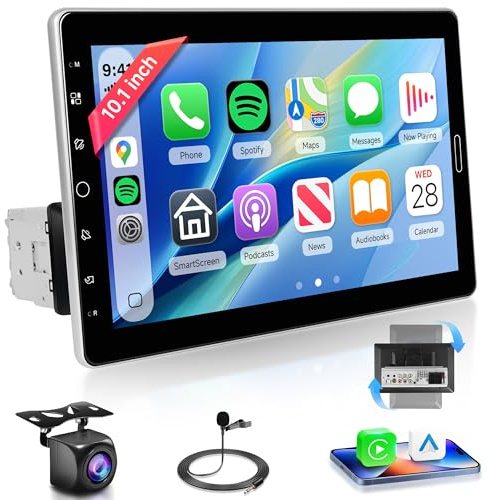 Rimoody Wireless Carplay 1 Din Autoradio 10.1 Pollici Touchscreen Girevole Autoradio con Android Auto Mirror Link Bluetooth FM/AM/RDS/EQ USB/AUX Comandi al Volante Telecamera Posteriore Microfono